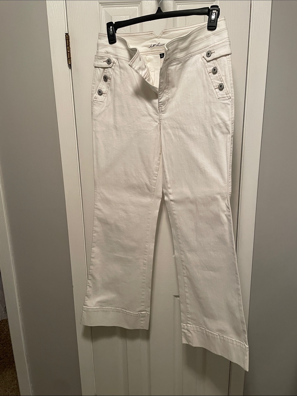 INC International Concepts Off-White Wide-Leg Jeans with Hip Button Detail